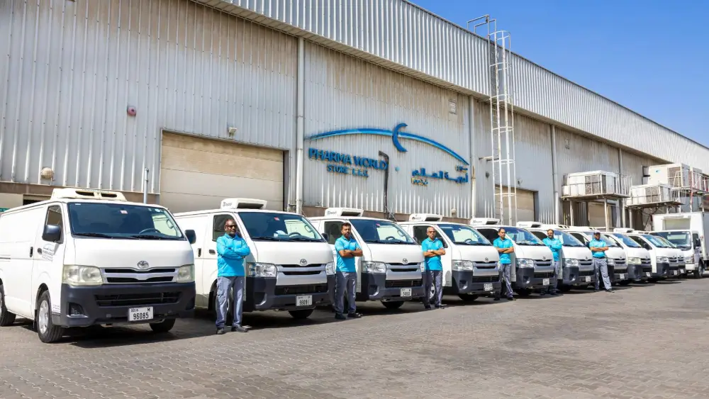 Pharma World refrigerated delivery vans lined up outside the warehouse